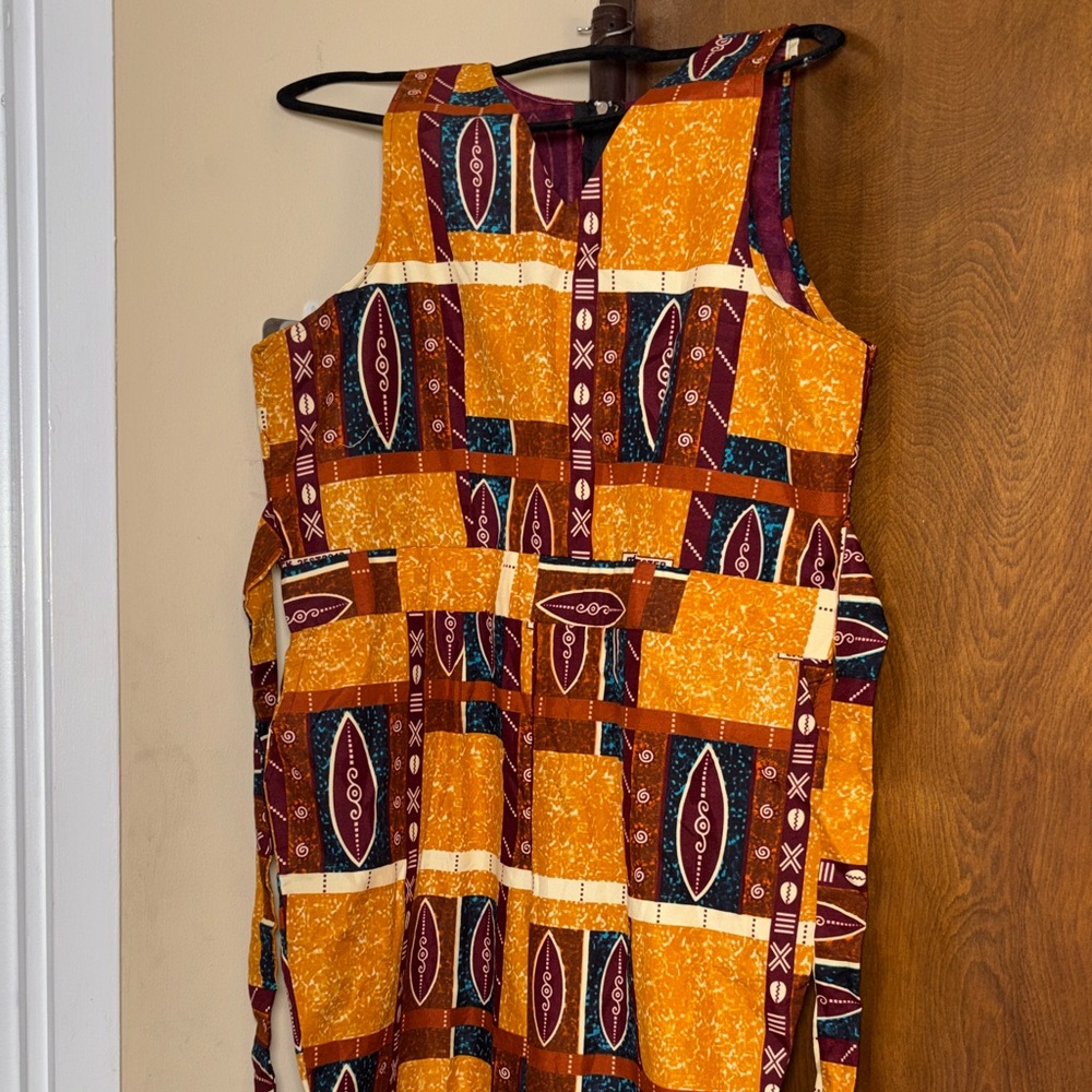 African Print Patchwork Jumpsuit in Mustard and Burgundy Womenswear